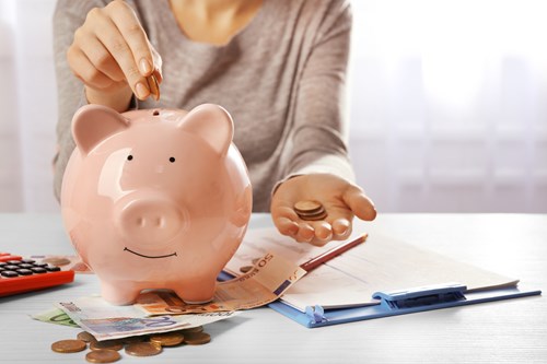 Person putting a coin in a pink piggy bank to represent home energy cost savings