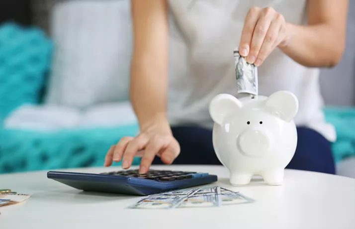 Woman's hand putting money into piggy bank and using calculator