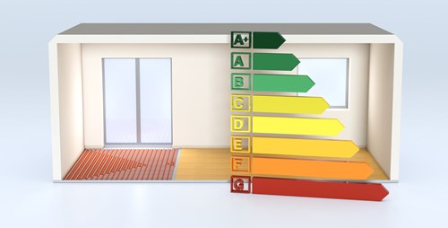 Diagram of underfloor heating with an A+ to G energy efficiency performance scale