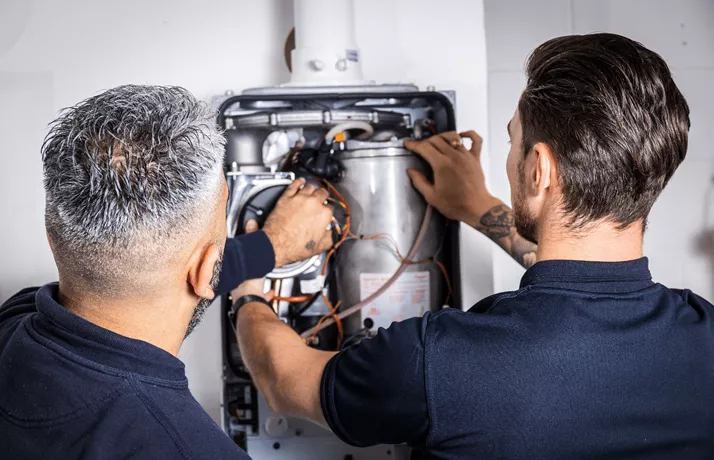 Two engineers working on boiler